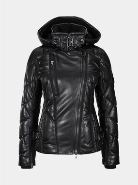 Bogner Faux Leather Down Ski Jacket Moto Asymmetric Black Shearling US 10